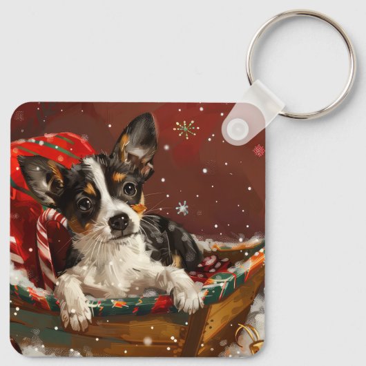 Rat Terrier Hond Kerstfeest Sleutelhanger (Achterkant)
