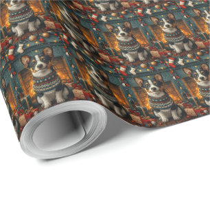 Rat Terrier-hond met kerstcadeaus open haard Cadeaupapier