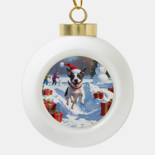 Rat Terrier rent in de sneeuw met kerstmuts Keramische Bal Ornament