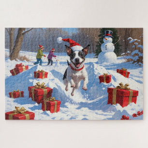 Rat Terrier rent in de sneeuw met kerstmuts Legpuzzel
