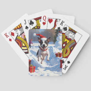 Rat Terrier rent in de sneeuw met kerstmuts Pokerkaarten