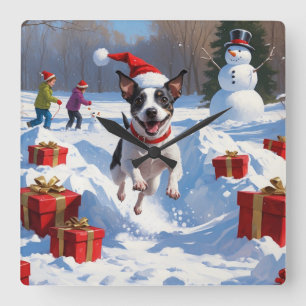 Rat Terrier rent in de sneeuw met kerstmuts Vierkante Klok
