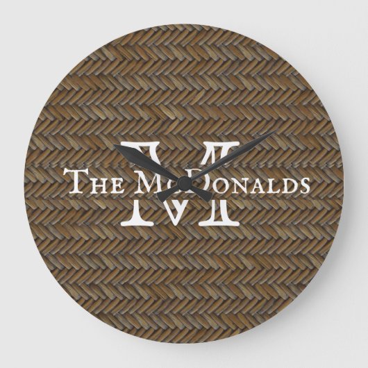 Rattan Wicker Boho Monogram Basketweve   Grote Klok (Voorkant)