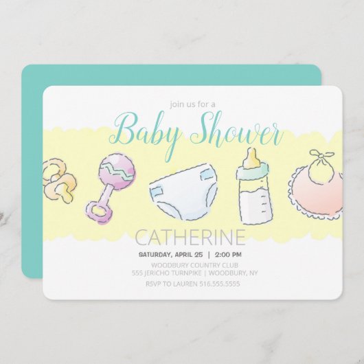 Rattle, Fles, Diaper, Bib en Pacifier Shower Kaart (Voorkant / Achterkant)