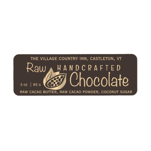 Rauwe handgemaakte chocolade gouden cacaobonen op  etiket (Voorkant)