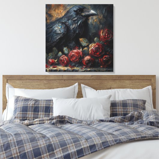 Raven and Red Roses Gothic Art Canvas Afdruk (Insitu (Slaapkamer))