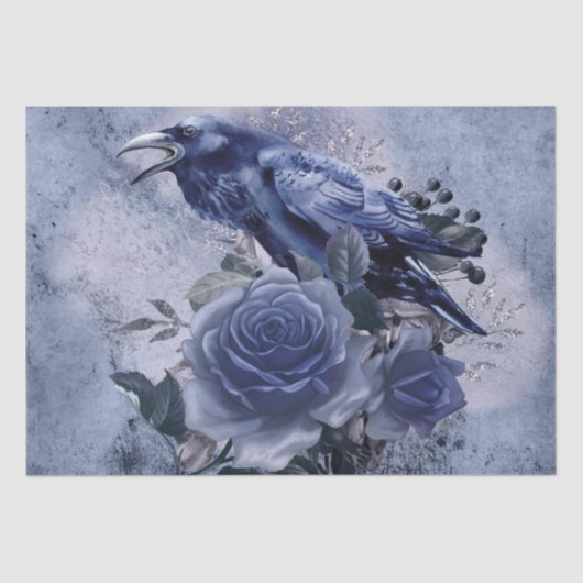 Raven Bird Blue Roos Whimsical Decoupage Tissuepapier (Voorkant)