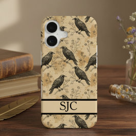 Raven & Botanical Phone Case – Vintage Style iPhone 16 Hoesje