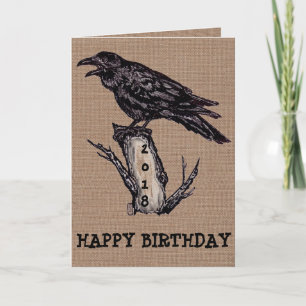 Raven Burlap Birthday Card Personalize, Datum Kaart