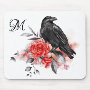 Raven Elegant Monogram Gothic Roos Waterverf Art Muismat