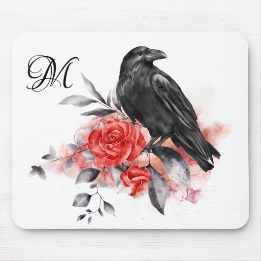 Raven Elegant Monogram Gothic Roos Waterverf Art Muismat (Voorkant)
