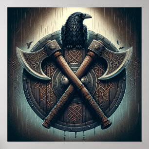Raven en bijlen - Noorse Warrior Shield Wall Art Poster