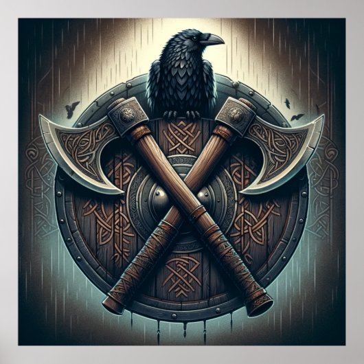 Raven en bijlen - Noorse Warrior Shield Wall Art Poster (Voorkant)