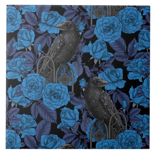 Raven en blauwe rozen tegeltje (Voorkant)