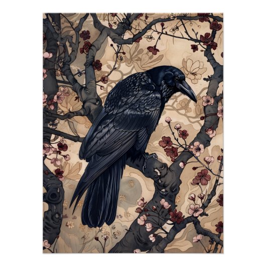 Raven en Cherry Blossoms Illustratie Perfect Poster (Voorkant)