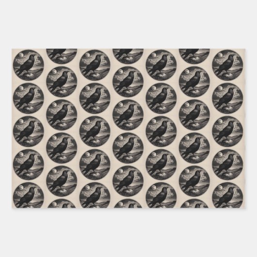 Raven en Moon Wrapping Paper Flat Sheet Set van 3 (Voorkant)