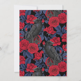 Raven en rozen met donkerblauwe bladeren