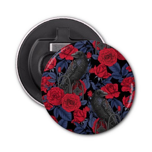 Raven en rozen met donkerblauwe bladeren button flesopener (Voorkant)