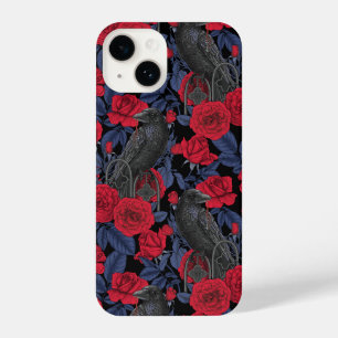 Raven en rozen met donkerblauwe bladeren iPhone 14 hoesje