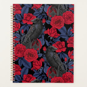 Raven en rozen met donkerblauwe bladeren planner