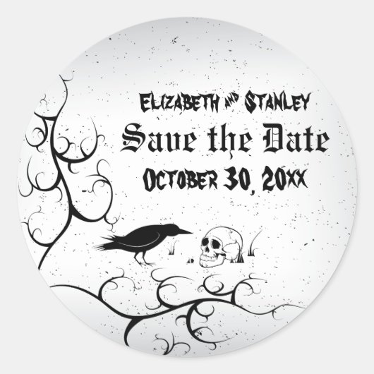 Raven en schedel Gotische bruiloft Save the Date Ronde Sticker (Voorkant)