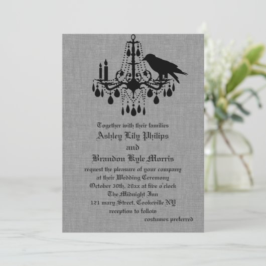 Raven en Spider Damask Grey Linen Wedding Uitnodig Kaart (Staand voorkant)