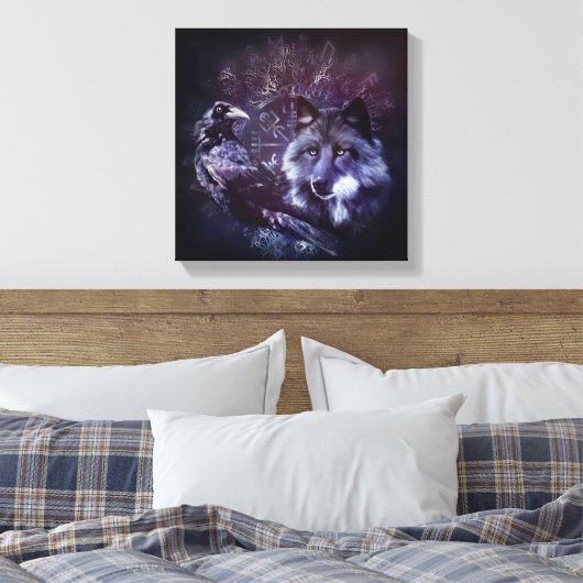 Raven en Wolf - Vegvisir en Tree of life Canvas Afdruk (Insitu (Slaapkamer))