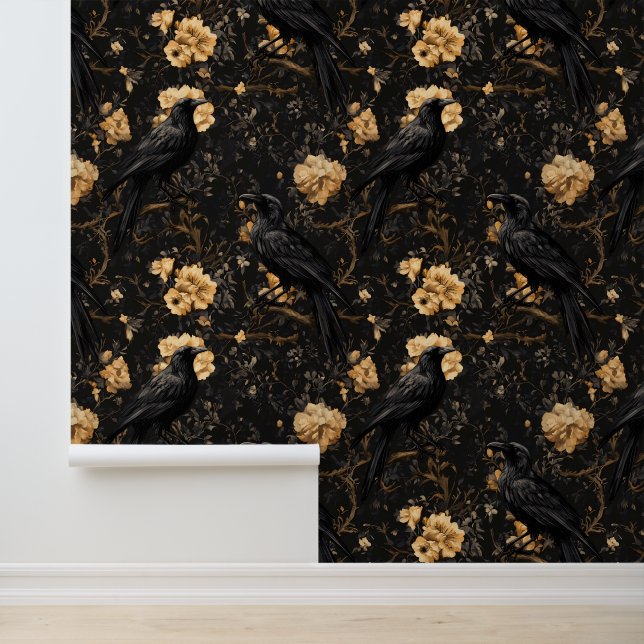 Raven Floral Crow Gothic Behang (Applicatie)
