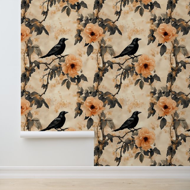 Raven Floral Crow Gothic Behang (Applicatie)