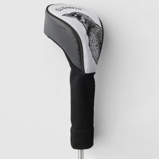 Raven Gothic Black White Horror Ink Tekennaam Golfheadcover (Schuin)