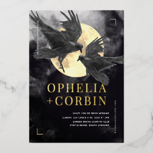 Raven & Gouden Maan Zwart Gotische Bruiloft Folie Uitnodiging