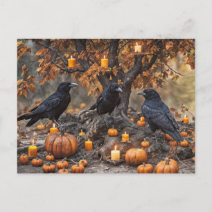 Raven Halloween met pompoenen en kaarsen Feestdagenkaart