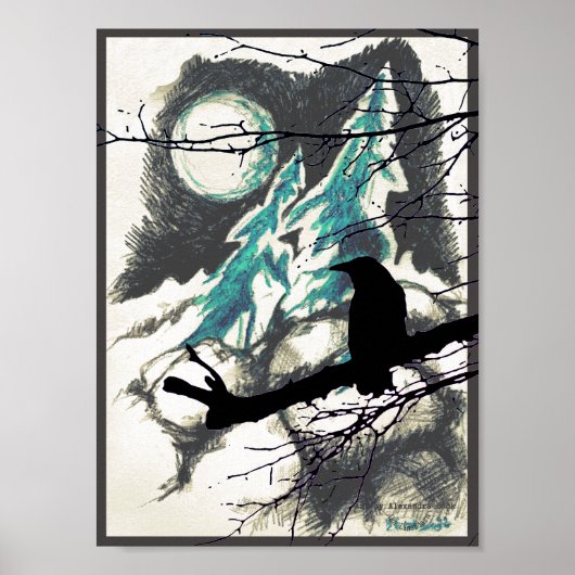 Raven in de bossen, de maan en bijkantoren poster (Voorkant)