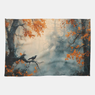 Raven in het Misty Autumn Forest Theedoek