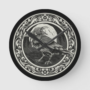 Raven Medallion Carving Art Bird Natuur Ronde Klok