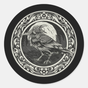 Raven Medallion Carving Art Bird Natuur Ronde Sticker