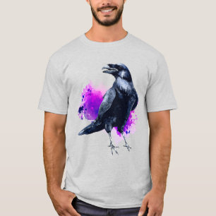 Raven met Paarse Waterverf Splash-achtergrond T-shirt