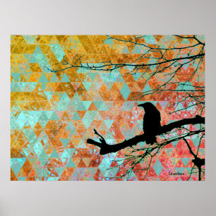 Raven op de Boom en oude quilt sky Poster