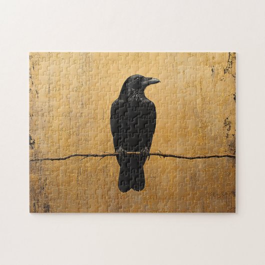 Raven op een Branch Gold achtergrond Legpuzzel (Horizontaal)