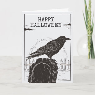 Raven op een Wenskaart van Gravestone Halloween Kaart