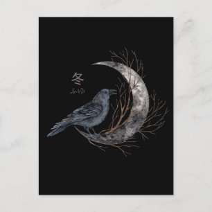 Raven op halve maan met Winter Kanji Briefkaart