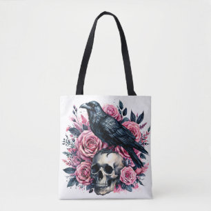 Raven op schedel met roze rozen draagtas
