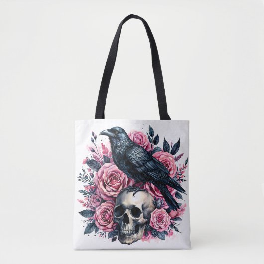 Raven op schedel met roze rozen draagtas (Voorkant)