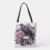 Raven op schedel met roze rozen draagtas (Achterkant)
