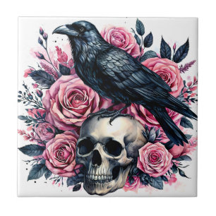 Raven op schedel met roze rozen kunst tegeltje