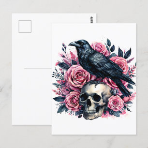 Raven op schedel met roze rozen Waterverf kunst Briefkaart