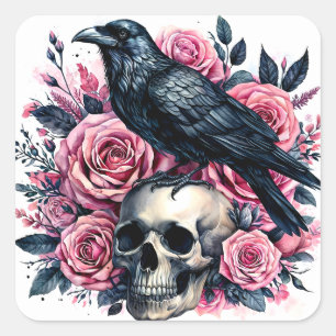 Raven op schedel met roze rozen Waterverf Vierkante Sticker