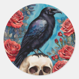 Raven op schedel rode rozen nacht ronde sticker