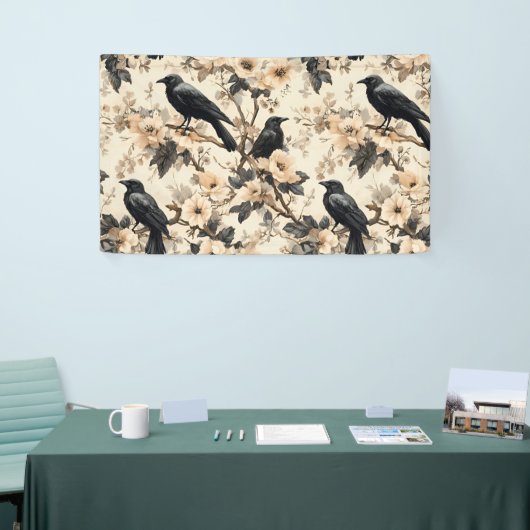 Raven patroon kraai bloemen bomen spandoek (Beurs)