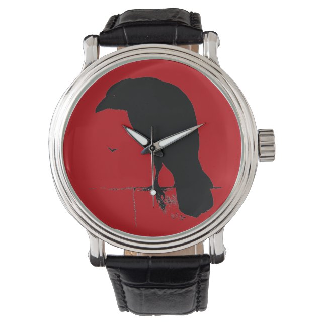  Raven Silhouet Zwart Rood Ravens Kraaien Horloge (Voorkant)